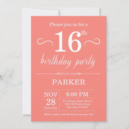 Invitation pour 16 ans Corail (Devant)