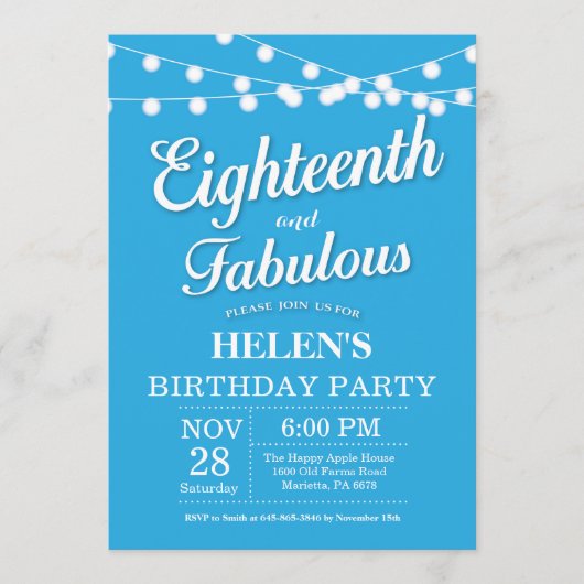 Invitation pour 18 ans Bleu Fabuleux (Devant)