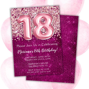 Invitation pour 18 ans Fille Magenta Rose Paillett