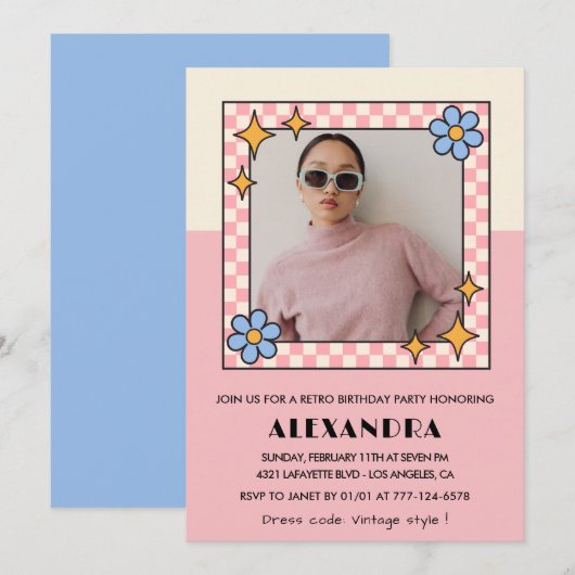 Invitation pour 20e anniversaire Fleurs roses rétr (Devant / Derrière)