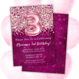 Invitation pour 3ème anniversaire Fille Magenta Ro