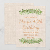 Invitation pour 40 ans – Linen Greenery | Quarante (Devant / Derrière)