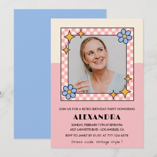 Invitation pour 45e anniversaire Fleurs roses rétr (Devant / Derrière)