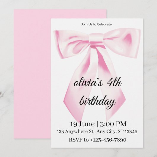 Invitation pour 4ème anniversaire fille (Devant / Derrière)