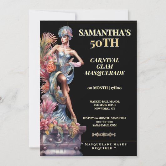 Invitation pour 50e anniversaire Masqué Noir Or (Devant)