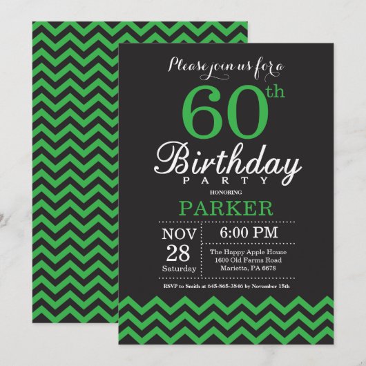 Invitation pour 60 ans avec Chevron noir et vert (Devant / Derrière)