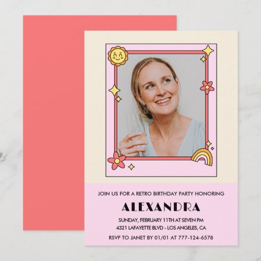Invitation pour 65e anniversaire Rétro Groovy Fleu (Devant / Derrière)
