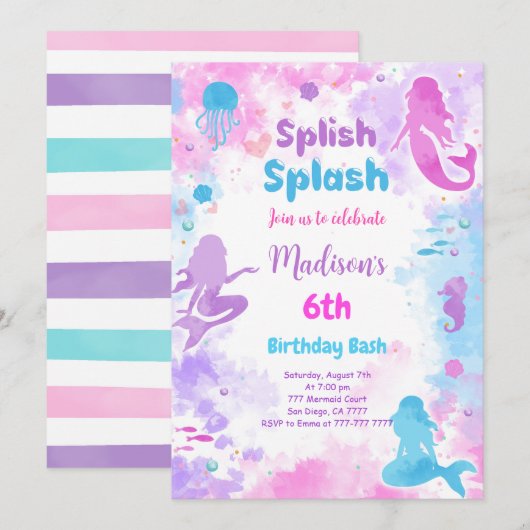 Invitation pour 6ème anniversaire sirène (Devant / Derrière)