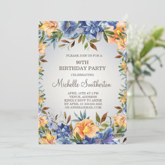 Invitation pour 90e anniversaire Fleur Orange Bleu (Debout devant)