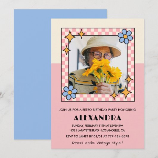 Invitation pour 90e anniversaire Fleurs roses rétr (Devant / Derrière)