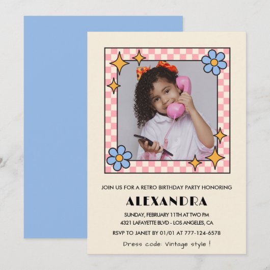 Invitation pour 9ème anniversaire Rétro Groovy Fle (Devant / Derrière)