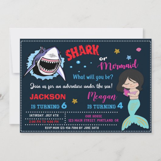 Invitation pour anniversaire de requin et sirène (Devant)