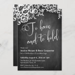 Invitation Pour avoir et tenir la calligraphie Chalkboard & d<br><div class="desc">Cette carte de réception de mariage élégante et rustique présente un graphique arrière - plan en damier texturé surmonté d'un panneau d'angle en dentelle blanche élégante. J'ai utilisé une police de caractères élaborée et moderne pour rendre des graphiques représentant les mots "avoir et tenir" sur le devant et "amour" sur...</div>