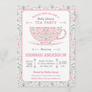 Invitation pour Baby Shower à la tasse de thé rose