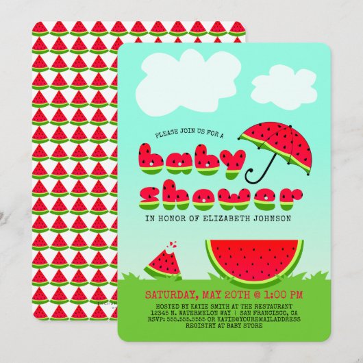 Invitation pour Baby Shower à thème Pastèque Sucré (Devant / Derrière)