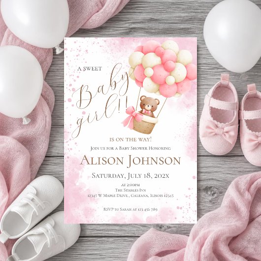 Invitation pour Baby Shower Bébé Fille avec un Ted