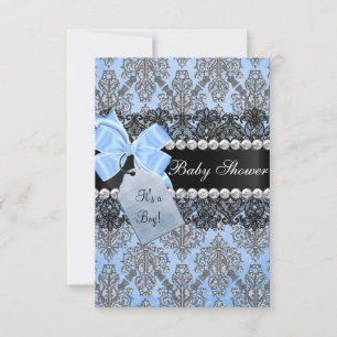 Invitation pour Baby Shower Bleu Damassé & Nœud Ga