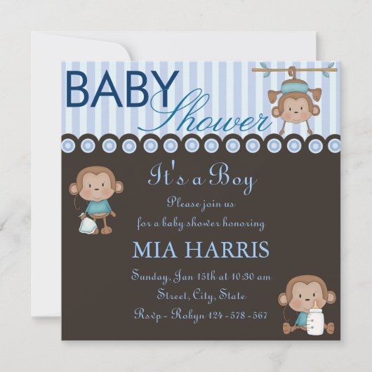 Invitation pour Baby Shower Blue Monkey Design (Devant)