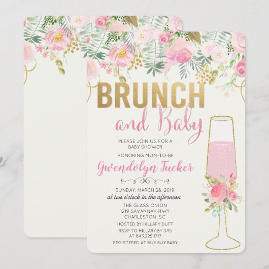 Invitation pour Baby Shower Brunch et Bubbly (Devant / Derrière)