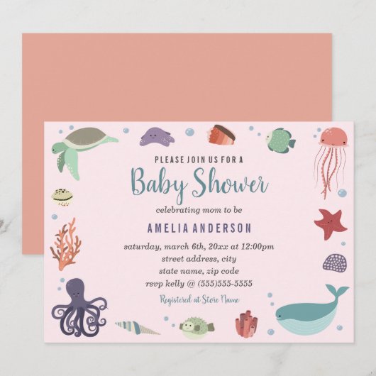 Invitation pour Baby Shower Corail Créatures Marin (Devant / Derrière)