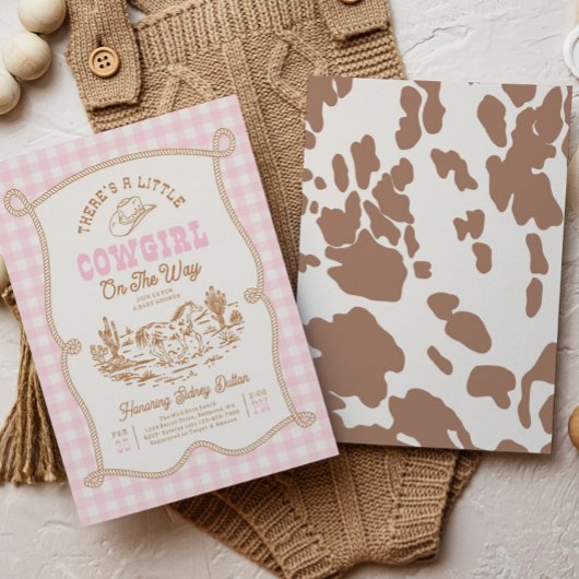 Invitation pour Baby Shower Cowgirl à carreaux ros
