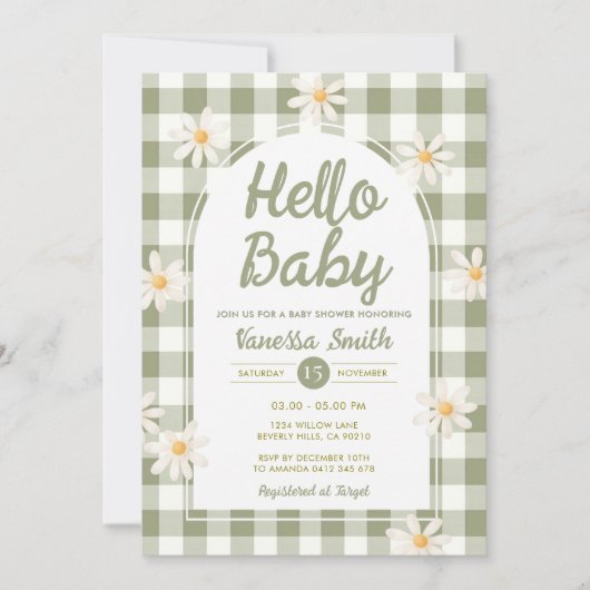 Invitation pour Baby Shower Daisy Gingham Hello (Devant)