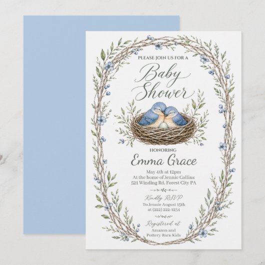 Invitation pour Baby Shower de Mésanges bleues de (Devant / Derrière)