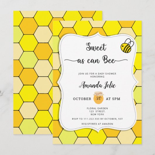Invitation pour baby shower douce comme une abeill (Devant / Derrière)