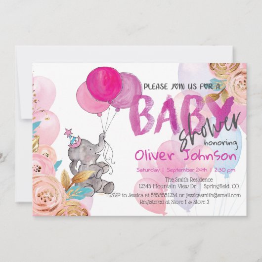 Invitation pour Baby Shower Éléphant Bébé Fille (Devant)