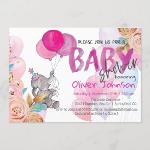 Invitation pour Baby Shower Éléphant Bébé Fille