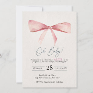 Invitation pour Baby Shower Fille au Ruban Rose
