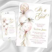 Invitation pour Baby Shower Fille avec Ballons Ros
