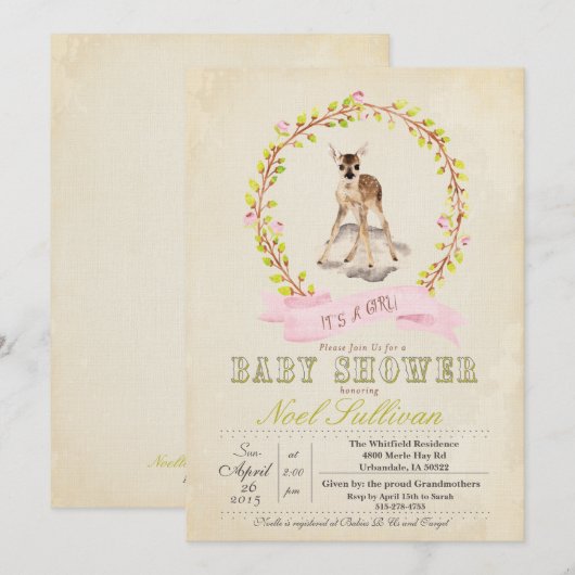 Invitation pour Baby Shower Fille Cerf (Devant / Derrière)