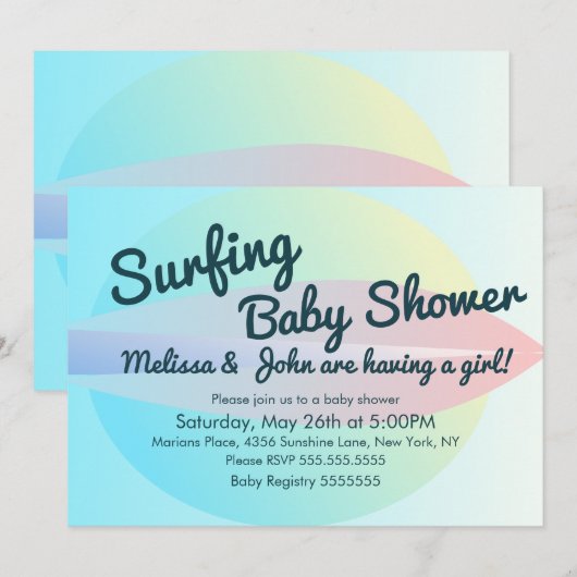 Invitation pour Baby Shower Fille Été Surf Plage (Devant / Derrière)