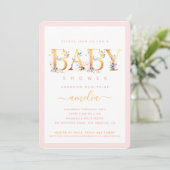 Invitation pour Baby Shower Fille Fleur Rose Or (Debout devant)