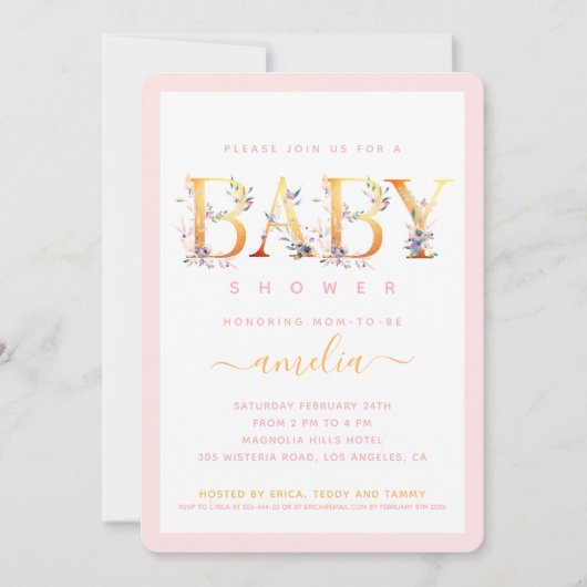 Invitation pour Baby Shower Fille Fleur Rose Or (Devant)