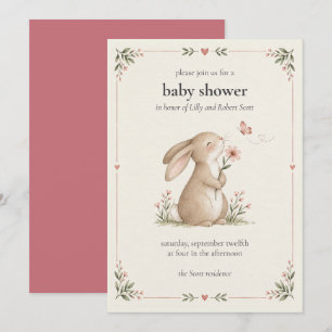 Invitation pour Baby Shower Fille Fleurie Lapin Do