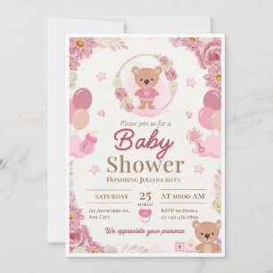 Invitation pour Baby Shower Fille Ourson Rose & Ma