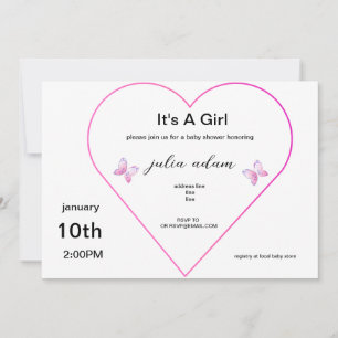 Invitation pour Baby Shower fille Papillon Cœur Ro