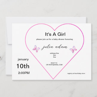 Invitation pour baby shower fille Papillon Cœur Ro