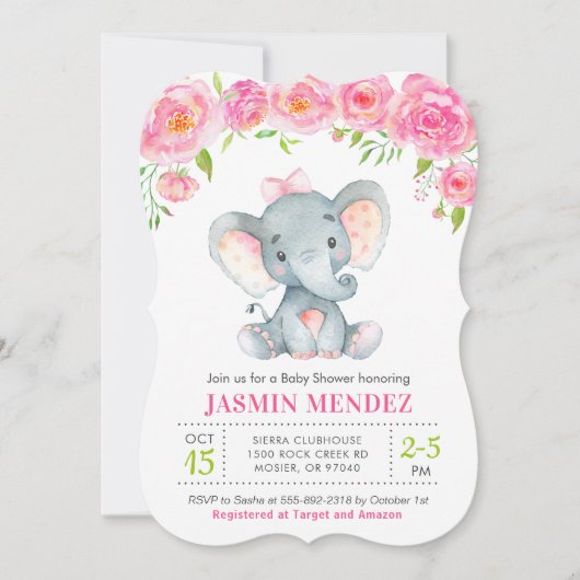 Invitation pour Baby Shower Fille Petit Éléphant C (Devant)