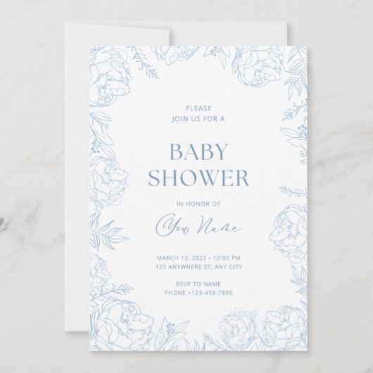 Invitation pour Baby Shower Fleur Bleue Mignonne  (Devant)
