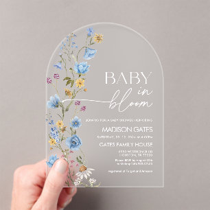 Invitation pour Baby Shower Fleurie Bleue, Bébé en