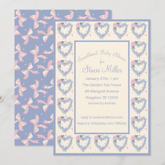 Invitation pour Baby Shower Fleurs Bleues Cœurs et (Devant / Derrière)