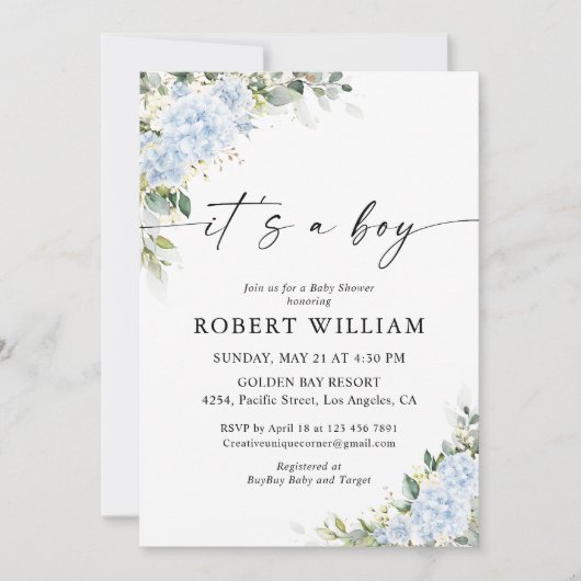 Invitation pour Baby Shower Florale Hydrange Bleue (Devant)