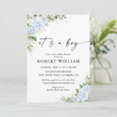 Invitation pour Baby Shower Florale Hydrange Bleue (Debout devant)