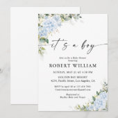 Invitation pour Baby Shower Florale Hydrange Bleue (Devant / Derrière)