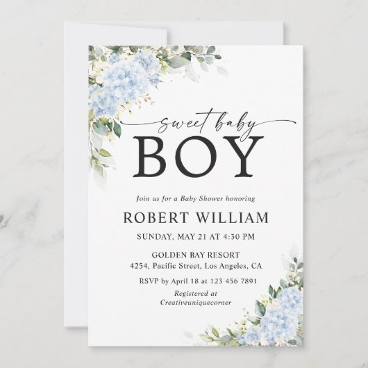 Invitation pour Baby Shower Florale Hydrangea Bleu (Devant)