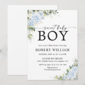 Invitation pour Baby Shower Florale Hydrangea Bleu (Devant / Derrière)