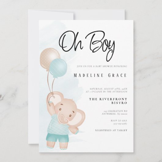 Invitation pour Baby Shower Garçon Éléphant (Devant)